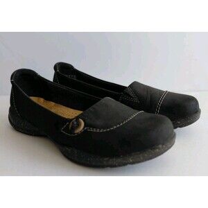 Clarks Collection Woman's Sz 9 Black Slip on Comfort Flats w/White Stitching